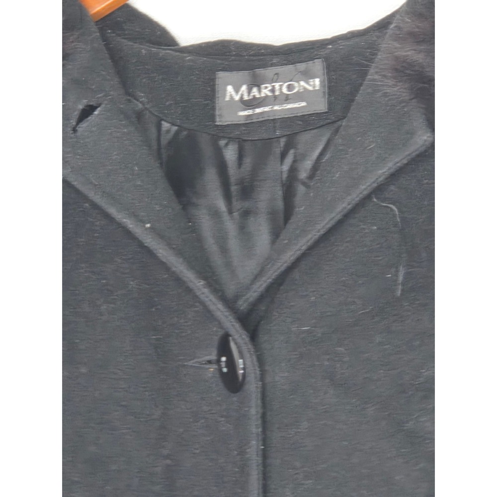 Martoni Black Wool Cashmere‎ Blend Hooded Fur Trim Long Overcoat Coat Size 10 - Picture 2 of 11
